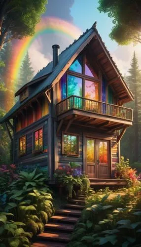 A detailed 3D render: An intricate vision showcasing a fantastical narrative; a wooden-housed cabin with a mystical exterior stands tall, its interior filled with plants and trees; then, a large windo