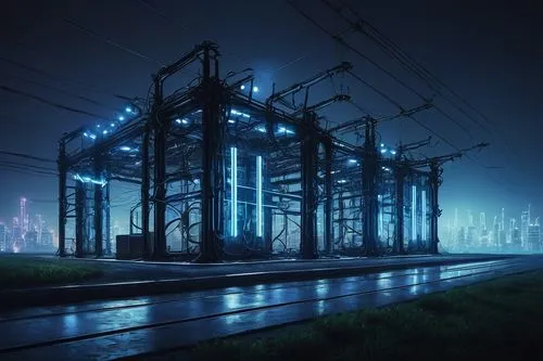 Modern electrical substation, futuristic, sleek design, metallic structure, neon lights, glowing circuits, high-voltage transformers, towering transmission lines, urban cityscape background, night sce