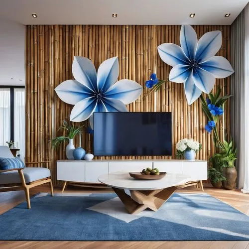 Modern living room, blue and white flower wallpaper, wood, abstract sculptural shapes, sharp angles, bamboo outside,modern decor,contemporary decor,blu flower,patterned wood decoration,retro modern fl