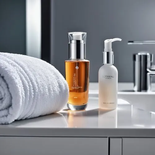 A high-tech facial massage device resting on a clean white counter, alongside a bottle of serum and a soft towel.,some bottles of white, brown, and orange liquid on a marble surface,male toiletries,cl