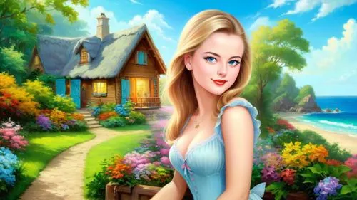 Romantic masterpiece oil painting, cute girl portrait, nostalgic 1950's style kitsch, vibrant seaside cottage landscape, lush tropical paradise, summer beach scenery, by Thomas Kinkade, by Bob Ross, h