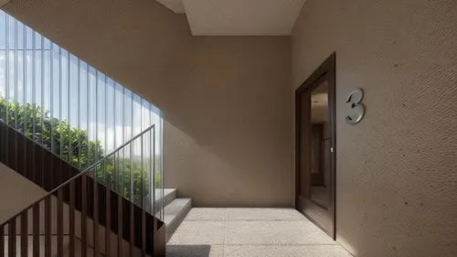 stiarcase, biophilic interior, bright, apartment building,a stairway leading up to a large room,outside staircase,hallway space,entryway,entryways,stairwell,stairwells,balustrades,neutra,house entranc