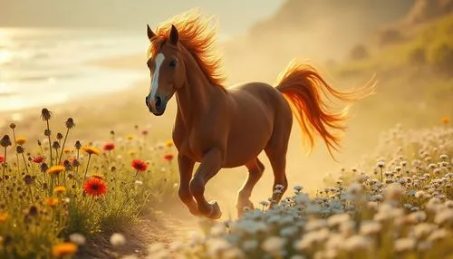 A close-up view of a bay horse with an orange, shiny mane and black eyes running through the middle of a field of white daisies. To the right of the yellow flowers is a yellow string lantern that has 