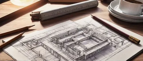 Hand-drawn, intricate architectural drawing, detailed lines, shading, texture, watercolor-style, sketchbook page, A4 size, scattered pencils, eraser crumbs, ruler, set square, protractor, desk lamp, d