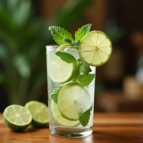 water with lime and mint in glass on woodencountertop,a close up of a glass of drink with lime and mint,gin and tonic,limeade,sliced lime,lime slices,spritzer,spritzes,spritzing,limes,infused water,sp