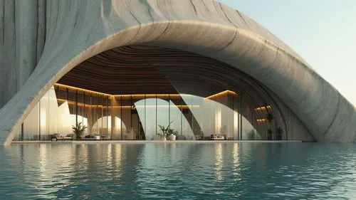 an open area has many large white structures in it,futuristic architecture,futuristic art museum,futuristic landscape,renders,infinity swimming pool,aqua studio