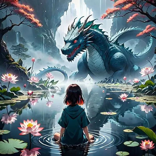 the girl is sitting in the water with a dragon,dragon of earth,water lotus,encounter,fantasy picture,painted dragon,dragon boat,digital illustration,dragon,water creature,world digital painting,dragon