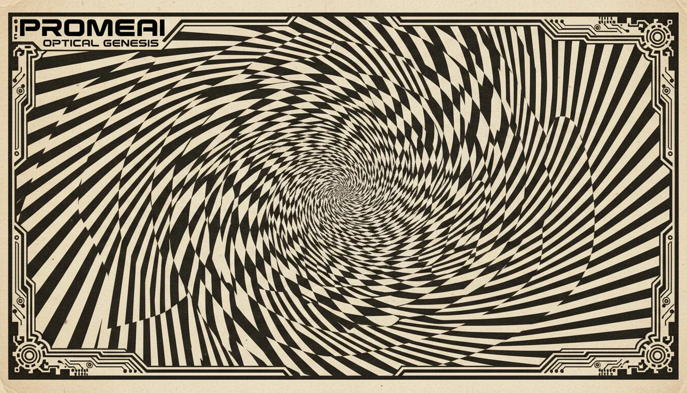 Un poster Op Art molto dettagliato creato con PromeAI, con un vortice turbinante di forme geometriche in bianco e nero che creano una potente illusione ottica.