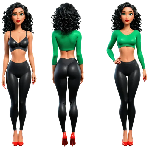 Create only high resolution images, pixar 3d, 4k, character sheet style, like a paper doll, A pose style. She must be wearing shiny black lycra leggings, a short green V-neck t-shirt. Standing, she mu
