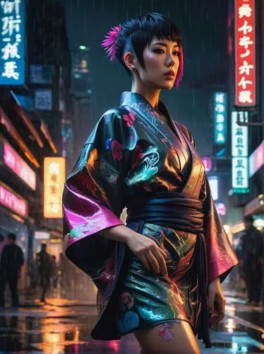 Cyberpunk, 2077, futuristic cityscape, neon lights, rainy night, Japanese-inspired kimono, female character, short bobbed hair, bold eyebrows, heavy eye makeup, pierced nose, leather boots, high-tech 