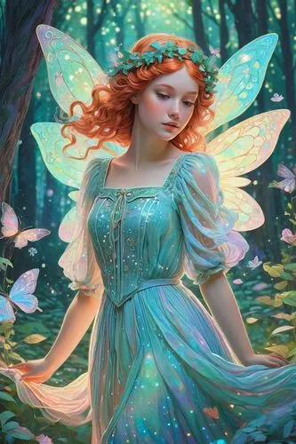 holographic. shabby chic dreamy glow pastel woodland freckled fairy girl swirling magical fairytale abstract ArtStation style.,the fairy is posing for a picture in the woods,faerie,fairy,faery,aurora 