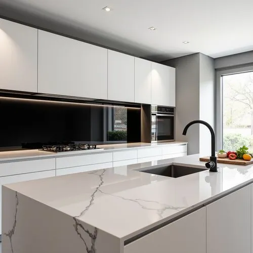 Modern kitchen with sleek white cabinetry and marble countertops. The space features a black accent wall with built-in appliances, including an oven and a stovetop with a hood. A minimalist sink and f
