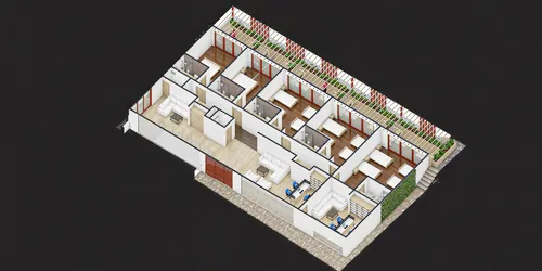 vivienda en vista axonometrica de un corte 3d lineas, finas, a colores detallado,the floor plan shows the two units and the living area,layout,frame mockup,renders,render,wooden mockup,architect plan,