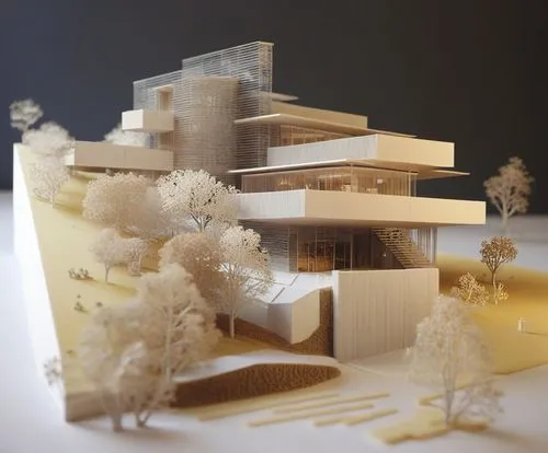 this model shows an architectural project in yellow tones,paper art,model house,cinema 4d,3d rendering,maquette,maquettes