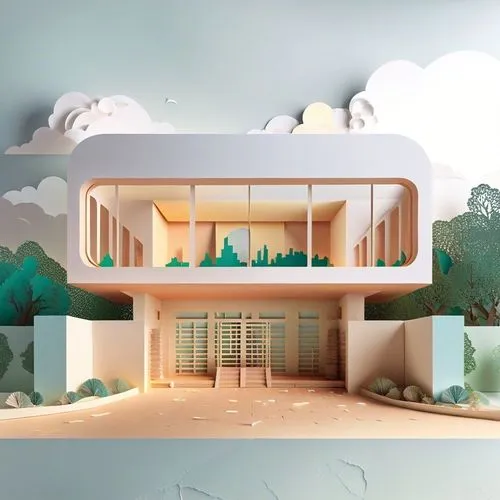a modern building has a landscaped front,prefab,procedural,smart home,visualizer,virtual landscape,background design