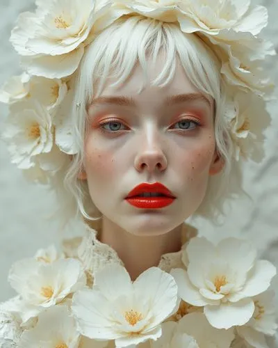 red lipstick, close-up, whose skin texture resembles crumpled white paper, evoking the delicate beauty of a Japanese kintsugi mug, where golden flecks tell a story of resilience and creativity. Its su