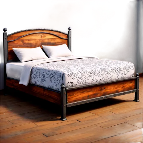 Old wooden bed, creaking sound effect, detailed texture, worn-out surface, rusty metal frame, soft lighting, close-up shot, shallow depth of field, warm color tone, nostalgic atmosphere, realistic ren