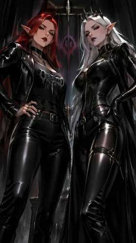 Manga style:

Sacha, a woman of Slavic descent in her thirties, 1.68m tall, with small pointed ears, long scarlet hair, red eyes, and an athletic build.
She is dressed in a black leather jacket, a bla