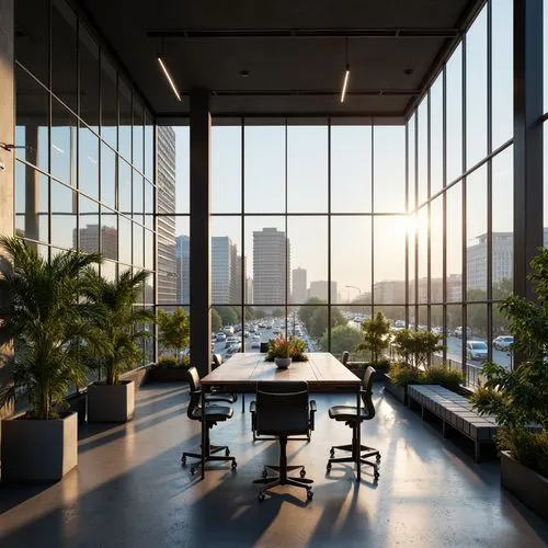 Modern office building, open floor plan, collaborative workspaces, minimalist decor, sleek metal furniture, ergonomic chairs, abundant natural light, floor-to-ceiling windows, urban cityscape views, b