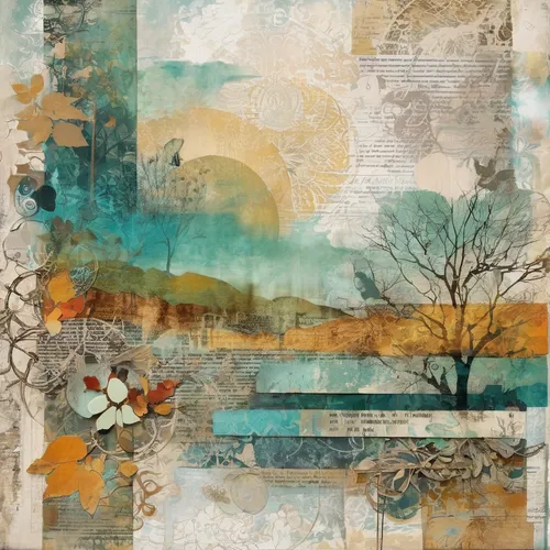 Create a hazy atmosphere with a blurred image.,digiscrap,digital scrapbooking paper,digital scrapbooking,landscape digital paper,mixed media,boho background,boho art,trees with stitching,background sc