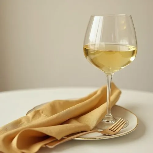 gold napkin in an elegant empty wine glass,a glass of white wine on a table next to gold napkin,white wine,wineglasses,sauternes,stemware,wineglass,wine glass,place setting,a glass of wine,wine glasse
