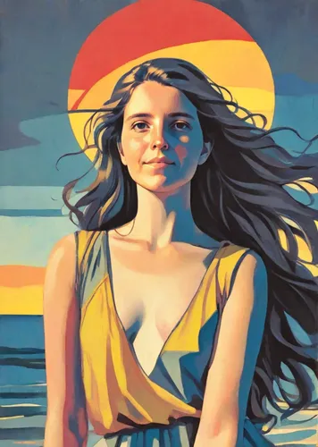 Portrait of a young woman with long flowing hair against the background of a sea sunset in sunny weather. Made in the style of rich oil painting.,girl-in-pop-art,oil on canvas,oil painting on canvas,o