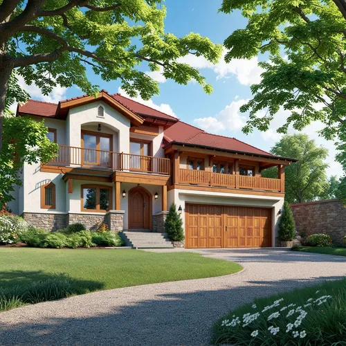 "A beautiful two-story American-style chalet with a red gabled roof, white stucco walls, and large glass windows. The house is surrounded by a solid perimeter wall for privacy, featuring wooden gates 
