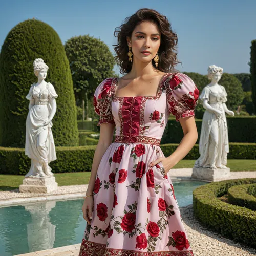add some red makeup and increase image quality ,a woman in a light pink minidress with red roses,dirndl,queen of hearts,vanity fair,belle,vintage dress,girl in the garden,noblewoman,couturier,ball gow