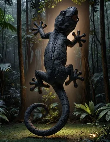 a lizard with many feet and legs is shown in the jungle,restoration,diorama,terrestrial vertebrate,carboniferous,reconstruction,rubber dinosaur,saurian,basilisks,salamander,mesozoic,vivarium,alligator