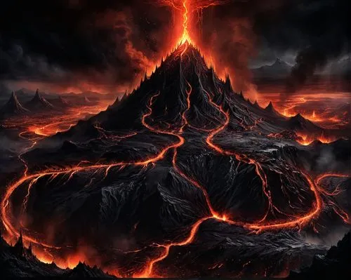 Mount Doom and Barad Dur panoramic from Lord of The Rings movie,a very beautiful painting of a volcano in the sky,volcanic eruption,volcanic,lava,fire mountain,volcanism,krafla volcano,vulcano,the vol
