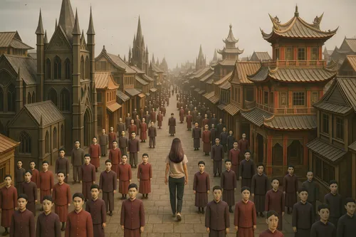 several people in different outfits walking on a street in a village,procession,hall of the fallen,kingdom,conclave,hall of supreme harmony,pilgrimage,game of thrones,ancient parade,the order of the f