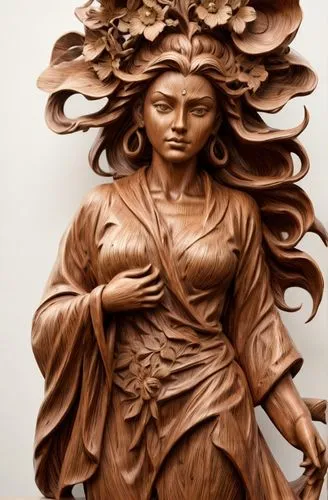 hyperrealistic wooden statue of a beautiful woman in front of a white wall,wood carving,carved wood,wood art,medusa,woman sculpture,mother earth statue,lady justice,statue of freedom,bronze sculpture,