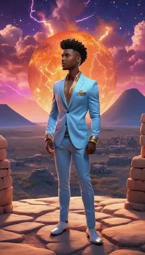 portrait shot man vivid quirky high fashion lightning portrait illusory landscape firey sunset range of colors standing on the edge of ancient ruins at earthrise starry skies before heaven astral phot