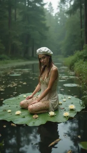 forest lake with lilies in a coniferous forest, mighty pine trees, in the center of the lake on a leaf of lilies kneels a young forest nymph woman, all in lilies, she is wearing a minimum of wet cloth
