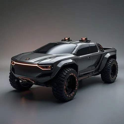 A high-performance electric pickup truck with a futuristic industrial aesthetic. Its exoskeleton is made of brushed titanium, with retractable storage compartments and tools. The truck is illuminated 