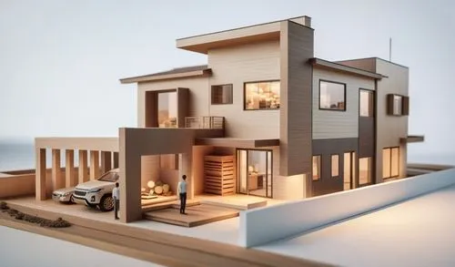 a model of a two story house on a wooden shelf,model house,dolls houses,miniature house,cubic house,vivienda,cube stilt houses,passivhaus,dollhouses,archidaily,kundig,cantilevers,timber house,habitaci