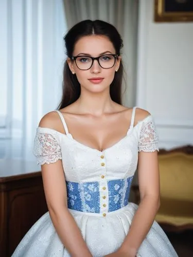 The most beautiful glasses-wearing Central European woman.,an elegantly dressed woman in glasses posing for a po,dirndl,with glasses,girl in white dress,kirienko,lace round frames,anastasiadis,petrova