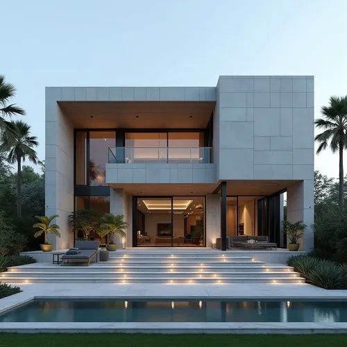 A hyper-realistic, high-resolution architectural photograph capturing a grand, ultra-modern luxury mansion at twilight. The building’s façade is composed of smooth white stone panels contrasted with s