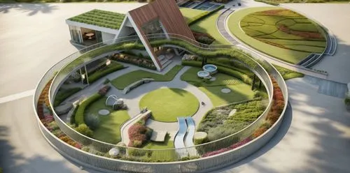 eco hotel,solar cell base,golf resort,futuristic art museum,golf hotel,3d rendering,mini golf course,futuristic architecture,helipad,school design,observation tower,feng shui golf course,sky space con