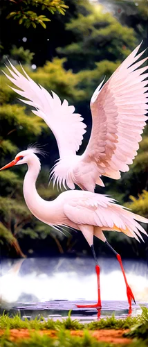 White crane, Japanese style, standing pose, wings slightly open, long neck, orange beak, bright eyes, pure white feathers, soft fluffy texture, morning dew, gentle sunlight, 3/4 composition, shallow d