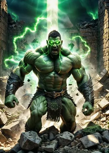 Criar guerreiro gigante muito forte, sem camisa, com muita raiva, olhos com raios e brilho intenso na cor verde, braços carregados de energia e raios de cor verde, chão com entulhos e pedras e ferros 