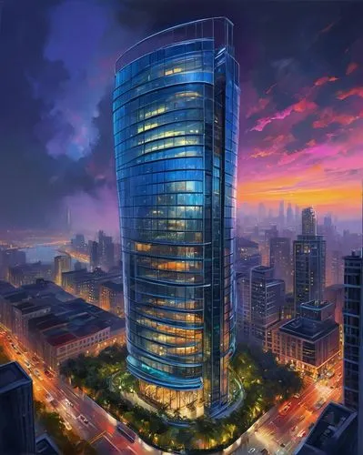 Modern architecture, futuristic skyscraper, sleek glass facade, metallic framework, curved lines, rooftop garden, helipad, luxurious penthouse, cityscape, urban landscape, bustling streets, night scen