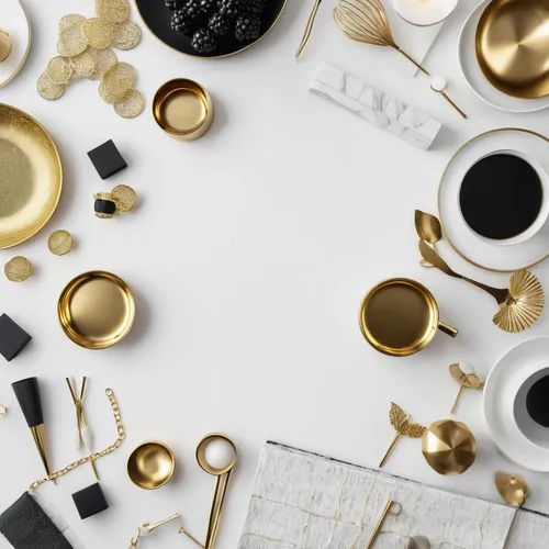 Interior design inspiration board in shades of white, black and gold,gold foil shapes,gold foil christmas,place setting,gold foil corner,coffee icons,abstract gold embossed,christmas flat lay,gold lac