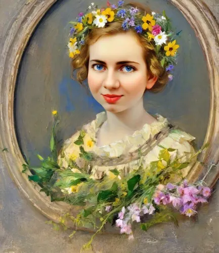 Young girl. On the head is a wreath with wildflowers. Painting in the style of Diego Rodriguez de Silvi Velazquez. Impasto multi-layer painting technique.,girl in a wreath,girl in flowers,wreath of fl