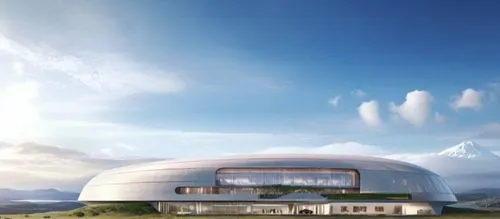 this futuristic building has a domed glass roof,futuristic art museum,earthship,futuristic architecture,musical dome,sky space concept,etfe,home of apple,snohetta,futuristic landscape,skylon,spacehab,
