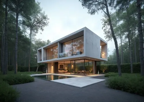 Modern Villa in the Forest,a contemporary house in the woods at dusk,modern house,forest house,cube house,house in the forest,cubic house,3d rendering