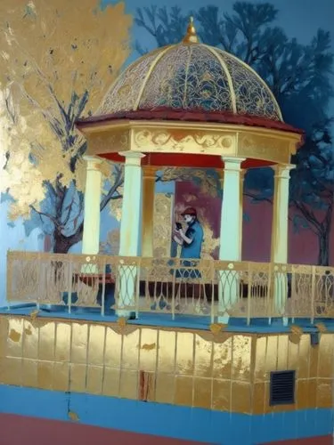 Беседка, человек с телефоном в руках,a painting of a woman holding some flowers,gold foil art,transistor,gold leaf,glass painting,fractals art,girl in flowers