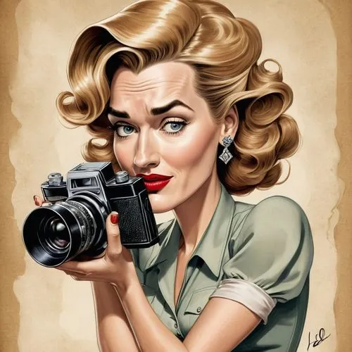 Kate Winslet as the 1940s era bohemian photographer in the movie 'Lee',Kate Winslet with a camera,the blonde photographer,camera illustration,retro 1950's clip art,retro pin up girl,a girl with a came