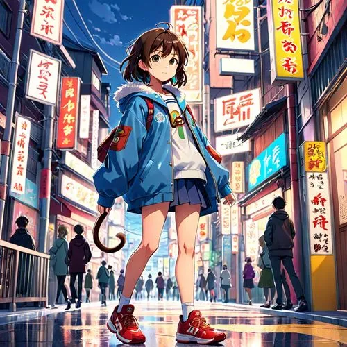 anime character,japanese style,girl,monkey,a anime girl with a backpack looking down a street,suzumiya,akiba,anime japanese clothing,kumiko,akihabara,miku maekawa,Anime,Anime,Realistic