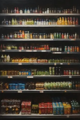 loose, blur, dark, and abstract painting of supermarket shelves full of modern food packaging,apothecary,oils,acrylic paints,paints,paint cans,product display,supermarket shelf,boetti,spray cans,farma